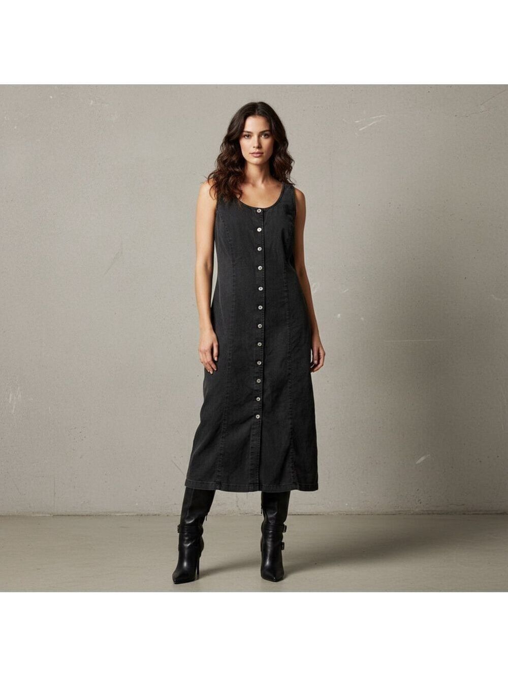 Vintage 90s Rafaella Black Linen Denim Button Front Maxi Dress Plus Size 14